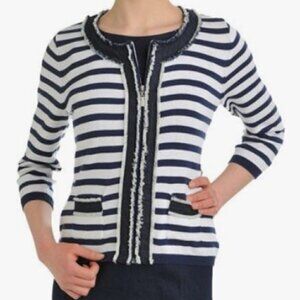 Peter Nygard Striped Denim Trimmed Zip Cardigan, S